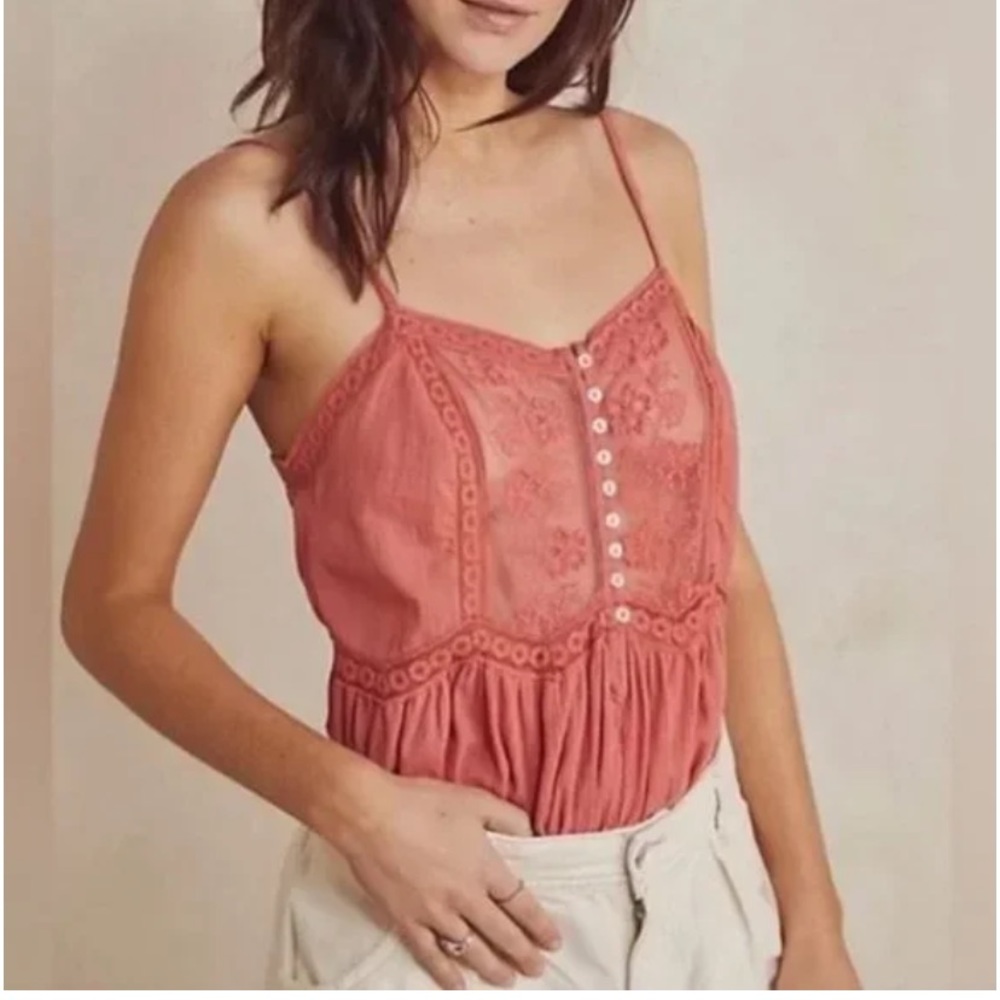 Free People Still The One Lace Trim Cotton Bodysuit in Coral Size Large